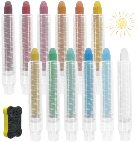 Sheryl&Rain Gessetti Colorati per Pvimento,12 Pezzi Gessetti Colorati per Strada con 12 Extra Porta Gessetti per Lavagna,Gessi Grossi Colorati per Bambini Insegnante Scuola