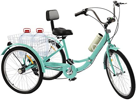 Donened 24 Zoll Faltrad Dreirad, 7-Gang 3 Rad Fahrrad mit Korb Rückenlehne und Wasserbecherhalter 3 Räder Fahrrad für Erwachsene und Seniorenrad (Grün)