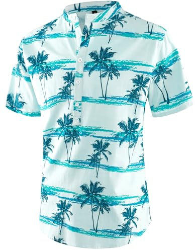 APTRO Mens Short Sleeve Linen Shirts Casual Cotton Shirts Summer Shirts Hawaiian Striped Grandad Henley Shirts Floral Coconut Grey Blue MHL66 L