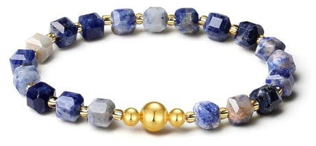 MetJakt Handgemachtes Stretch Armband mit 6MM Echtes Naturstein Würfel Design und 18k Vergoldete Kugel Edelstein Perlenarmband für Damen und Herren (Sodalith -Vergoldet)
