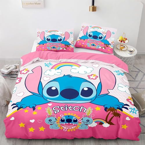 DELLIOP Bettbezug, 3-teilig, Motiv Lilo & Stitch, mit Reißverschluss und 2 passenden Kissenbezügen 50 x 75 cm, Bettwäsche-Set für Mädchen und Jugendliche (Rosa, Twin (140x200))