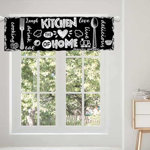 Opeoddie Landhaus-Volant für Fenster, Küche, rustikal, Landhausstil, kurzer Volant, Behandlung, 1 Panel, kleines lustiges Zitat, Holzlöffel und Gabel, Küchenvorhänge (140 x 45 cm)