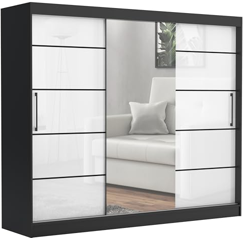 Brent - Kleiderschrank mit Spiegel und Schubladen 235cm Breit Chelsea Tomy, Schwebetürenschrank mit Spiegel, Schlafzimmerschrank, Kleiderschrank Schwarz Matt/Weiß Hochglanz