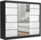 Brent - Kleiderschrank mit Spiegel und Schubladen 235cm Breit Chelsea Tomy, Schwebetürenschrank mit Spiegel, Schlafzimmerschrank, Kleiderschrank Schwarz Matt/Weiß Hochglanz