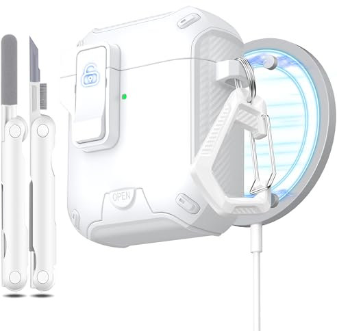 MHYALUDO per AirPods Custodia 2a/1a Generazione, Compatibile con Magsafe, Blocco Magnetico Automatico, Porta di Ricarica Antipolvere e Design con Supporto con Kit di Pulizia, Bianco Neve