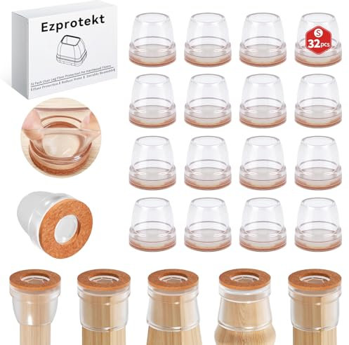 Ezprotekt Chair Leg Covers, 32 PCS 0.75 Transparent Silicone Chair Leg Floor Protectors with Wrapped Felt, Rubber Chair Leg Caps, Furniture Feet Protectors Pads, No Noise No Scratches