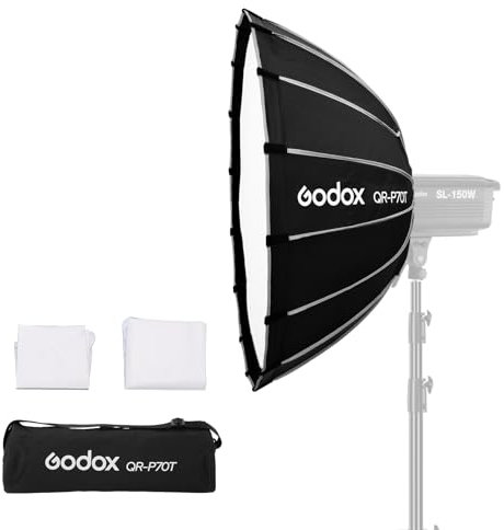 Godox QR-P70T 70cm/27.5inch Weitwinkel Parabolic Softbox Quick Release Softbox Photography Studio Silver Wide Angle Soft Box für Bowens Mount MonoLight und Flash für GODOX SK400 für Neewer