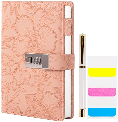 Diary with Lock for Women, 3D Embossed Journal with Lock, 224 Pages Wide lined Notebooks, PU Leather with Pen and Stickers Planner Organizer for Women & Men