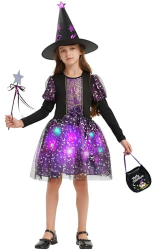 Ulikey Costume da Strega per Bambini, 4 Pezzi Carnevale Costume di Streghetta, Vestito Glitter, Cappello, Bacchetta Magica e Borsa, Vestito Strega Bambini con Luci per Halloween Carnevale (130)