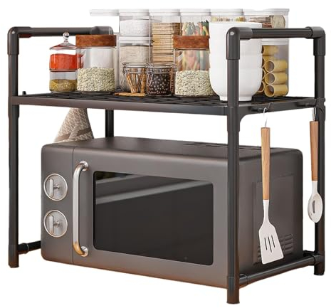 Estante para horno de microondas, soporte ajustable para microondas, estante organizador para encimera, organizador de mostradores, soporte para microondas con ganchos