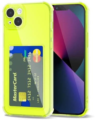 Svanove per iPhone 13 Mini Custodia con Slot, Trasparente con Porta Carte Fotocamera Case Protettiva, Sottile Protezione Silicone Portafoglio Cover Antiurto Slim Custodia, Verde Fluo