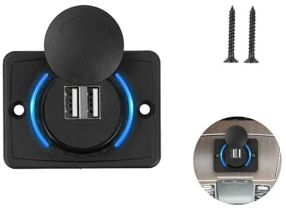 GVSS 1 Pièce Double Prise USB Voiture 12V, Prise USB Double Sortie Voiture avec Lumière Bleue,Prise de Chargeur pour Bateau,Camion,SUV,RV,avec 2 Vis