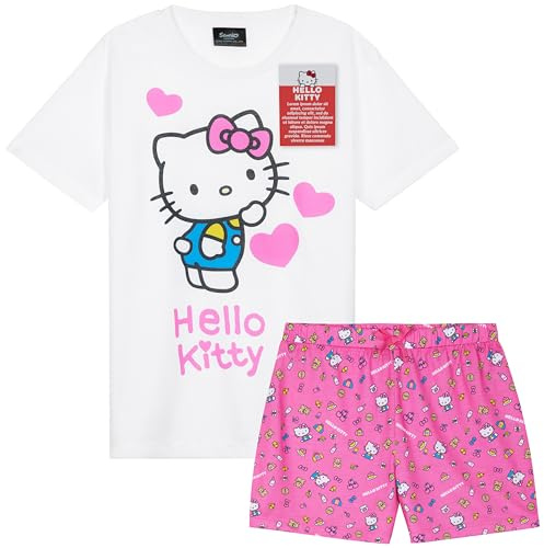 Hello Kitty PJs for Girls Short Sleeve Pyjamas Set for Kids Teenagers Kawaii Lounge Sets Nightwear Soft Comfy Sleepwear Gifts for Girls (7-8 Years, White/Pink)