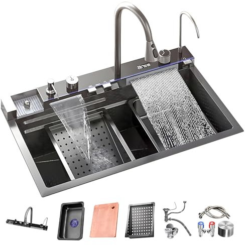 ATHOMASM Fregadero Cocina Acero Inoxidable 68x46cm con Indicador de Temperatura Digital, Nano Revestimiento, Grifo Cascada Doble y Encimera - 1 Cubeta con Grifo Extraíble