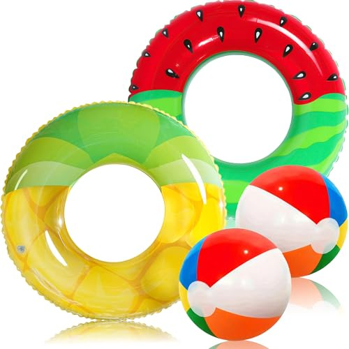Chennyfun 4 Pack Inflatable Pool Floats Swimming Rings for Kids Adults | Fruit Theme, With 2 Beach Balls, Pool Floating Swimming Ring Tube, Summer Beach Water Party