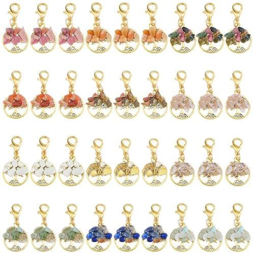 SUPERFINDINGS 36Pcs Breloques Arbre De La Vie Pour Fabrication Bijoux | 12 Styles, Pierres Mixtes, Fermoirs Homard, Pendentifs Pépites De Quartz Rose, Pour Collier, Bracelet, Porte-Clés ---