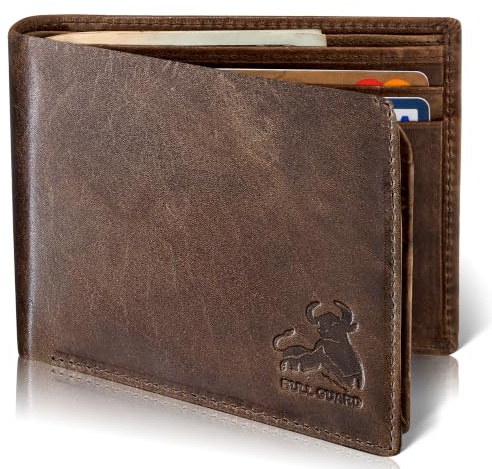 RFID Bifold Leather Wallet For Men with Flip Up ID in Vintage Buffalo Brown, Wild Grizzly Brown, Bifold Wallet