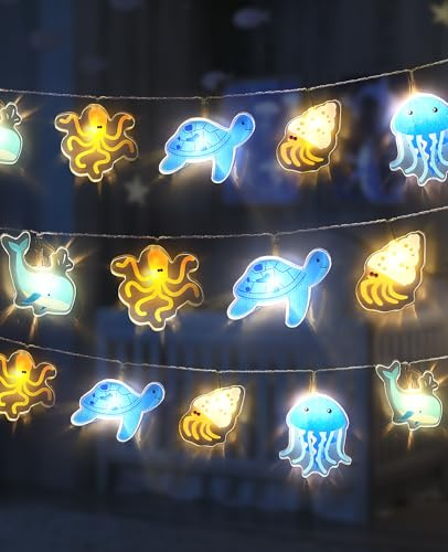 AceList Lichterkette Kinderzimmer Meerestiere (20 LED, ca. 3M) - 5 Acryl-Motive - Batteriebetrieben & Warmweiß - Bruchfestes Nachtlicht Deko für Jungen & Mädchen (Hausbett, Tipi)