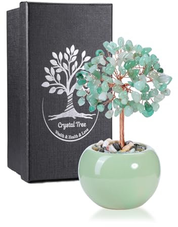 JSDDE Bonsai Arbre de Vie en Pierres Naturelles Porte-Bonheur Arbre de Cristal Feng Shui Pierres et Cristaux Vase en Céramique Vert Guérison Lithotherapie Décoration Intérieurs 13-14cm (Aventurine)