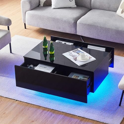 CLIPOP Couchtisch Hochglanz Schwarz mit LED, Wohnzimmertisch mit 4 Schubladen, einstellbaren Lichtfarben, Mitteltisch mit Stauräume, Moderner Sofatisch, Teetisch für Wohnzimmer, 100x55x40cm