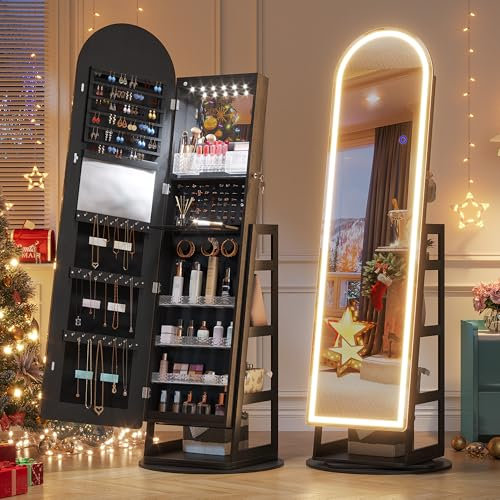 LVSOMT LED Schmuckschrank mit Bogen Spiegel, Spiegel Schmuckschrank Stehend, 360° Drehbar Schmuckspiegel Abschließbar, Gewölbter Ganzkörperspiegel mit 3 Farben Licht Einstellbare Helligkeit, Schwarz