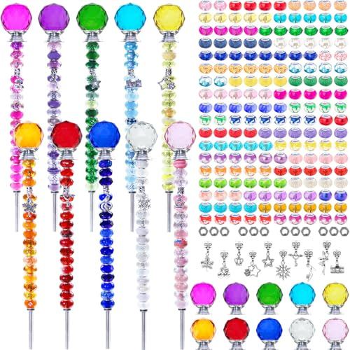 247-teiliges Perlen-Gartenstecker-Set, DIY-Feenstab, Gartenpfahl-Perlen-Set mit Sortiment, große Lochperlen, 10 Kristall-Stopper, Gewindestangen und 10 silberne Anhänger für Innen- und Außendekoration