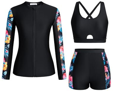 Odizli Swimming Costume Women Top + Tummy Control Swim Shorts Bikini Sets + Long Sleeve Rash Guard Vest Shirts 3 Piece Older Ladies Modest Swimwear Full Body Swimsuit Wetsuit Beachwear Black Red M