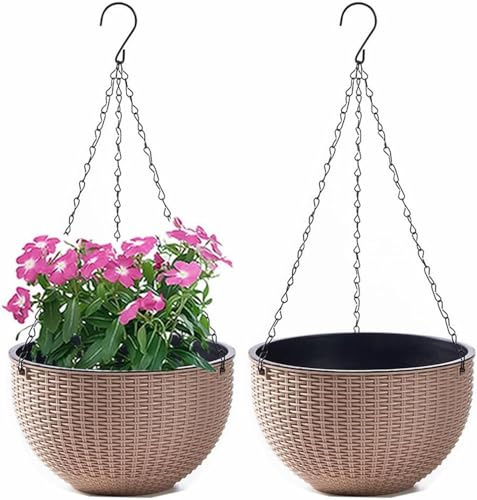 Blumenampel Hängend Außen und Innen Kunststoff Hängetopf für Pflanzen 2 Stück Blumentopf Hängend Hängeampel mit Kette Selbstbewässerung Hängepflanztöpfe für Blume Decken Balkone Garten (Khaki)