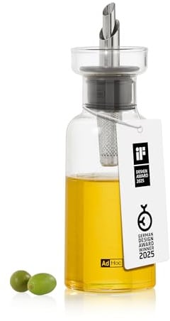 AdHoc AromaPour Ölflasche oder Essigspender aus Borosilikatglas Klar | Mit PreciseFlow Ausgießer aus Edelstahl für tropffreies Dosieren | Premium Glasspender für Olivenöl 120 ml