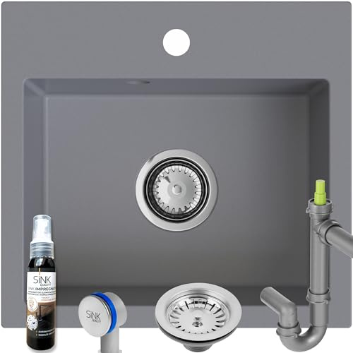 Sink Quality lavello grigio 45 × 42 cm – Lavello da incasso con sifone e impregnazione – lavello grigio per mobiletto da 45 cm – lavello in granito 1 bacino – lavello senza scolapiatti