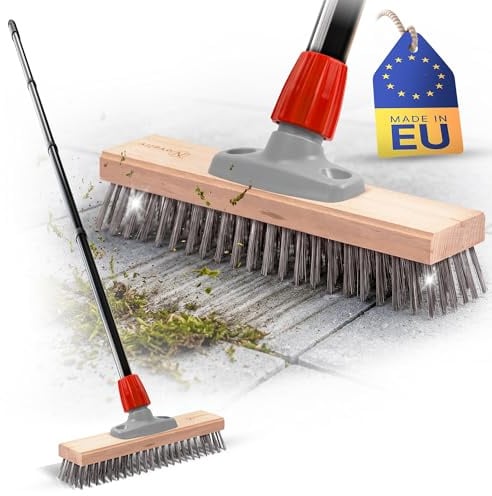 Novaliv Robuster Drahtbesen mit Stiel Basic Stahlbesen mit 4tlg Stiel Effiziente Moosentfernung Drahtbürste für Pflastersteine & Garten Stahldrahtbesen Mooskratzer Pizzabesen Pizzastein Bürste