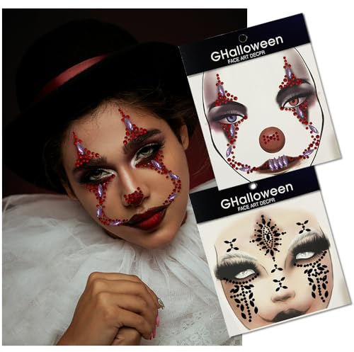 Halloween, gemme facciali, tatuaggi per il viso, goth, clown, adesivi per il viso, giorno dei morti, strass per il viso, gemme per il corpo, adesivi per il trucco, festival di Halloween, trucco rave