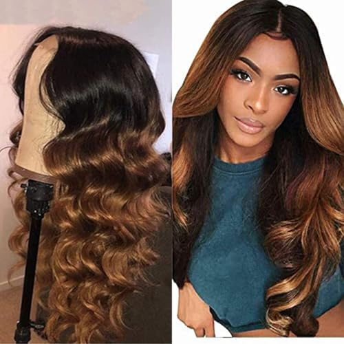 Weeybay Echthaar Perücke für Damen Perücken Body Wave Human Hair Wig 4X4 Lace Closure 1B/30 Ombre Black to Brown 150% Density Unprocessed Remy Hair Glueless 28 Zoll