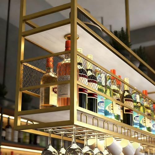 RAJYQODIS 2-lagig Industrielles Deckenregal Weinregal Gold, 180cm | Hängendes Weinglasregal aus Metall, Bar-Display Weinlagerhalter, für Bar Restaurant Cafe Küche