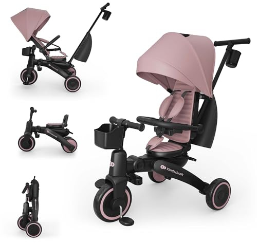 Kinderkraft JAZZ 3 Dreirad faltbar ab ca. 9 Monaten bis 25 kg, 360° drehbarer Sitz, Halbliegeposition vorwärts/rückwärts, UPF 50+ Verdeck wasserabweisend, Freilauf & Lenkermodus, kompakt faltbar, Rosa