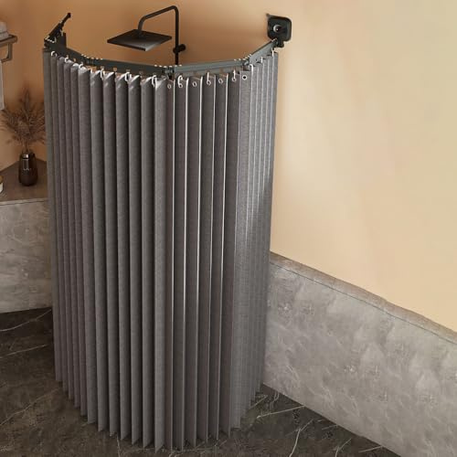 L/U Duschvorhang ohne Bohren – wasserdicht, schimmelresistent, faltbar mit starken Saugnäpfen, geeignet für Eckduschen, Verstellbarer Winkel, dunkelgrau – vierfach faltbar