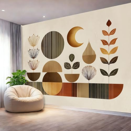 Papier Peint Panoramique Bohème Géométrique XXL 300x210 cm - Tapisserie Murale Intissé Qualité HD Terracotta & Ocre - Décoration Murale Design Moderne Feuilles et Lune pour Salon et Chambre