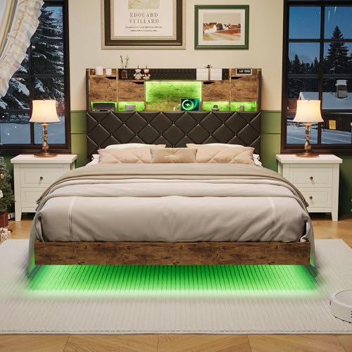 LLODERY Bett 160x200 mit Kopfteil und Stauraum, Schwebebett mit Metallbettgestell, Polsterbett Doppelbett mit Lattenrost, Funktionsbett, Schwebender visueller Effekt, Schwarz, PU