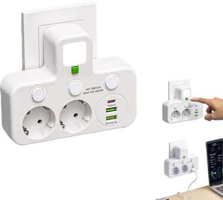 Kabellose Steckdosenleiste, mit Nachtlicht multifunktionale Adaptersteckdosenleiste, einzelne Schaltersteuerung, 2/3/4/5 Steckplätze + 1 Type-C + 2 USB-Port (Weiß,2 Dosen)