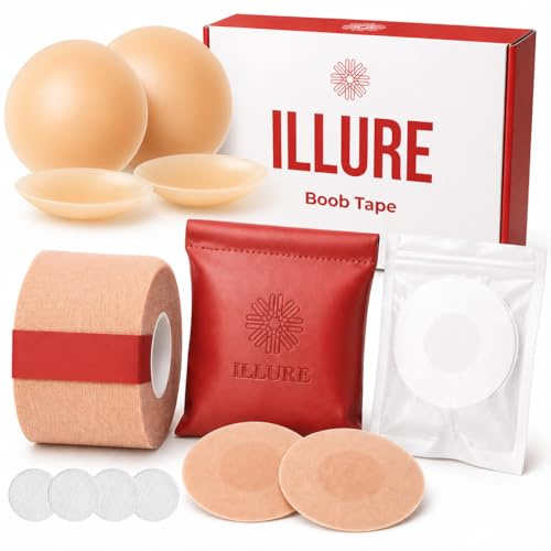 ILLURE® Premium Boob Tape | Klebe BH Push Up | Brust Tape & Bruststraffungsband 5m x 7,5cm | Breast Tape & Boobietape für rückenfreie Kleider | Silikon Nippelpads, Nippel Cover & Fashion Tape | Nude