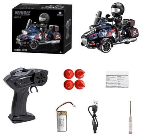 KF35 1:43 Scale RC Drift Trike Motorcycle, 2.4G 3WD Oil Throttle Drifting Remote Control Racing Bike with LED Lights & Figure for Adults