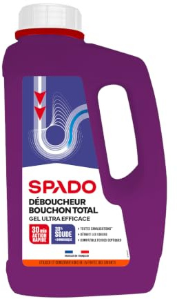 SPADO - Déboucher Gel - Bouchon total eau stagnante - Compatible fosses septiques- Détruit les odeurs - soude minérale concentrée 30% - action dès 15min - 1 L -