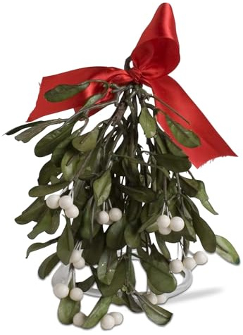 tag 9.5 Christmas Artificial Hanging Mistletoe w/White Berries & Red Bow Xmas Festive Winter Holidays Home Entryway Living Room Decor Decoration Dark Green