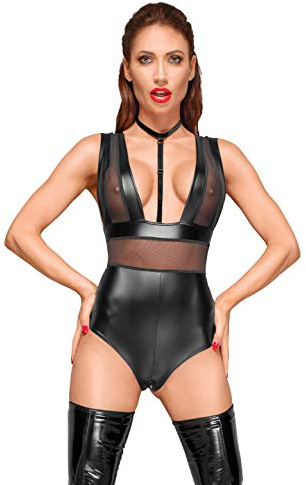 Noir Handmade Damen Dessous fetisch Wetlook Body mit Tülleinsätzen, Reißverschluss und Choker aus Samt in schwarz