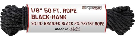 Rope Ratchet 1/8 50 ft Braided Polyester Utility Cord, Weather Resistant Indoor Outdoor for Gardening, DIY Projects, Securing Loads, Binding, Knot Tying, Tarp Use, 75 lb Capacity - Black
