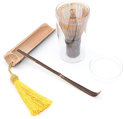 POFET Juego para ceremonia del té japonés de 3 piezas, hecho a mano, batidor de té matcha de bambú, pala para el té y cuchara para el té con borla de arroz