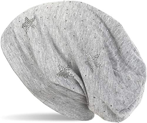styleBREAKER Beanie Mütze mit Strass Sterne und All Over Strasssteine, Slouch Longbeanie, Damen 04024116, Farbe:Hellgrau meliert