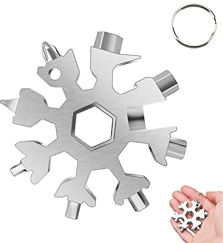 18-in-1 Schneeflocken Multi-Tool,Schneeflocken Multitool,Schneeschlüssel,Sechskantschlüssel Schraubendreher Flaschenöffner,tragbares Edelstahlwerkzeug für Campingabenteuer (Silber)
