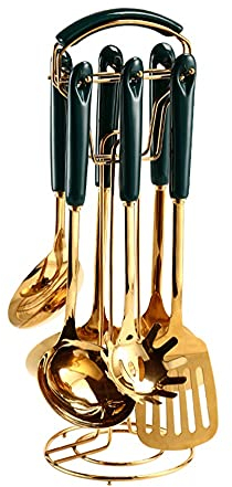WERCHW Ensemble d'ustensiles de cuisine, avec poignée en céramique - Les ustensiles de cuisson en acier inoxydable comprennent une large spatule, une louche à soupe, un skimmer, une spatule fendue, un