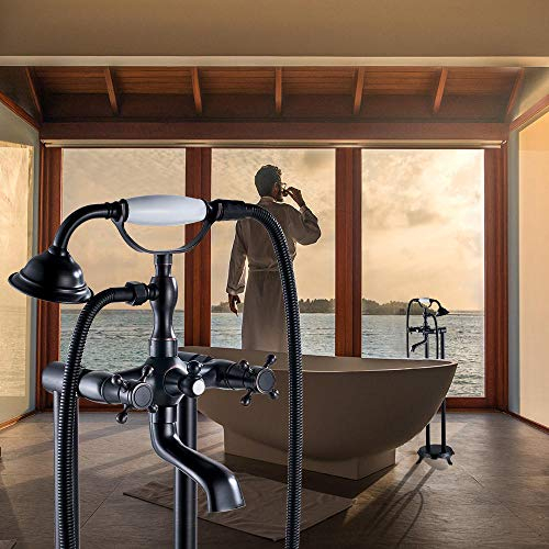 Gnailur Wanne Mischbatterie Bad Wasserhahn Boden Geschwärzte Bronze Halterung Wanneneinfüllhahn Doppelgriff und Loch Keramik Handbrause